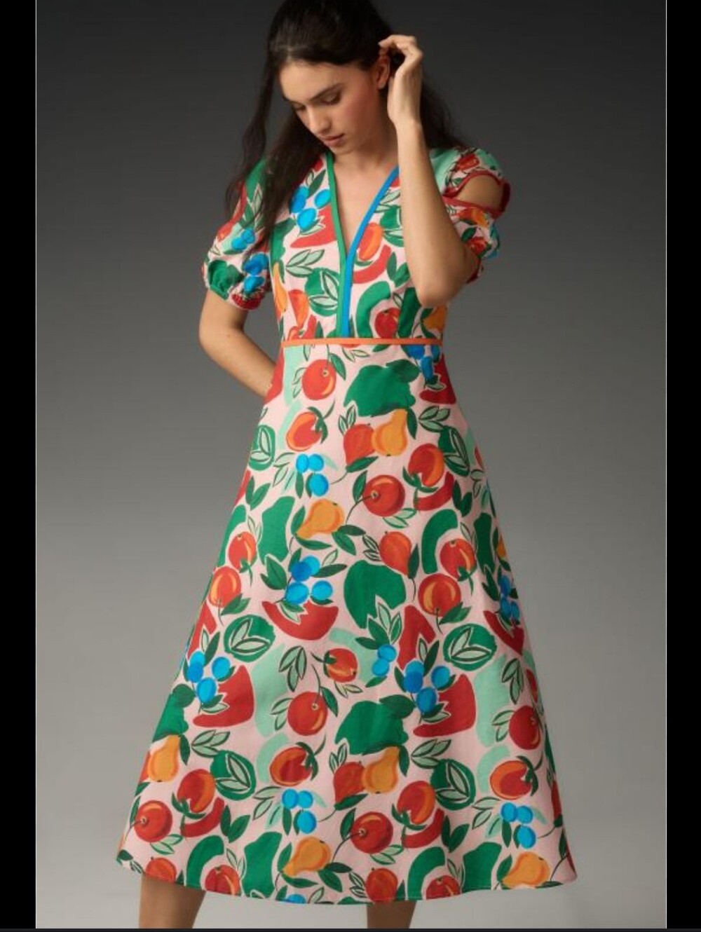 Farm Rio X Anthropologie Fruit-Print V-Neck Cutout Midi Dress